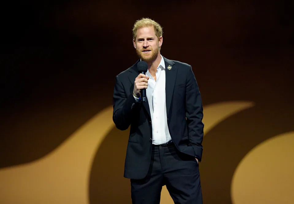 VANCOUVER, CANADA - FEBRUARY 16: Prince Harry, The Duke of Sussex, Founder and Patron of the Invictus Games Foundation delivers remarks at the Closing Ceremonies of the Invictus Games Vancouver Whistler 2025 on February 16, 2025. at Rogers Arena in Vancouver, Canada. (Photo by Jeff Vinnick/Getty Images for Invictus Games Vancouver Whistler 2025)