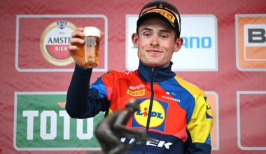 BERG EN TERBLIJT, NETHERLANDS - APRIL 20: Mattias Skjelmose of Denmark and Team Lidl - Trek celebrates at podium as race winner during the 59th Amstel Gold Race 2025 a 255.9km one day race from Maastricht to Berg en Terblijt / #UCIWT / on April 20, 2025 in Berg en Terblijt, Netherlands. (Photo by Dario Belingheri/Getty Images)
