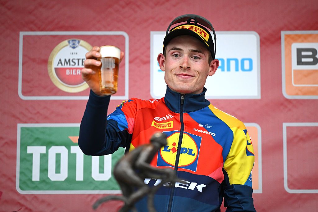 BERG EN TERBLIJT, NETHERLANDS - APRIL 20: Mattias Skjelmose of Denmark and Team Lidl - Trek celebrates at podium as race winner during the 59th Amstel Gold Race 2025 a 255.9km one day race from Maastricht to Berg en Terblijt / #UCIWT / on April 20, 2025 in Berg en Terblijt, Netherlands. (Photo by Dario Belingheri/Getty Images)