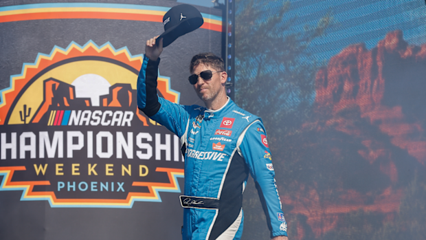 Denny Hamlin is introduced before the NASCAR Cup Series Championship