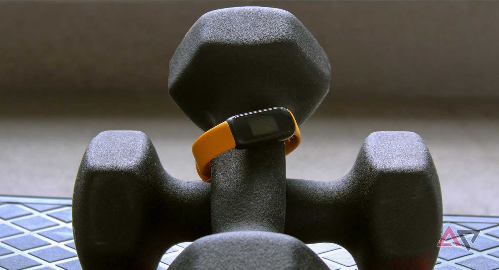 The Fitbit Inspire 3 fitness tracker strapped to a dumbbell handle.