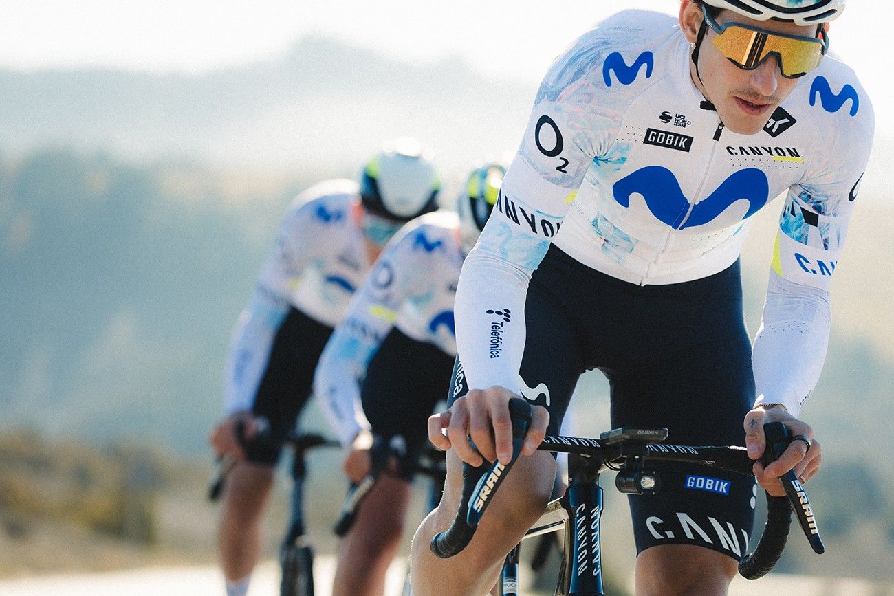 Three riders wearing Movistar's mostly white kit for 2026