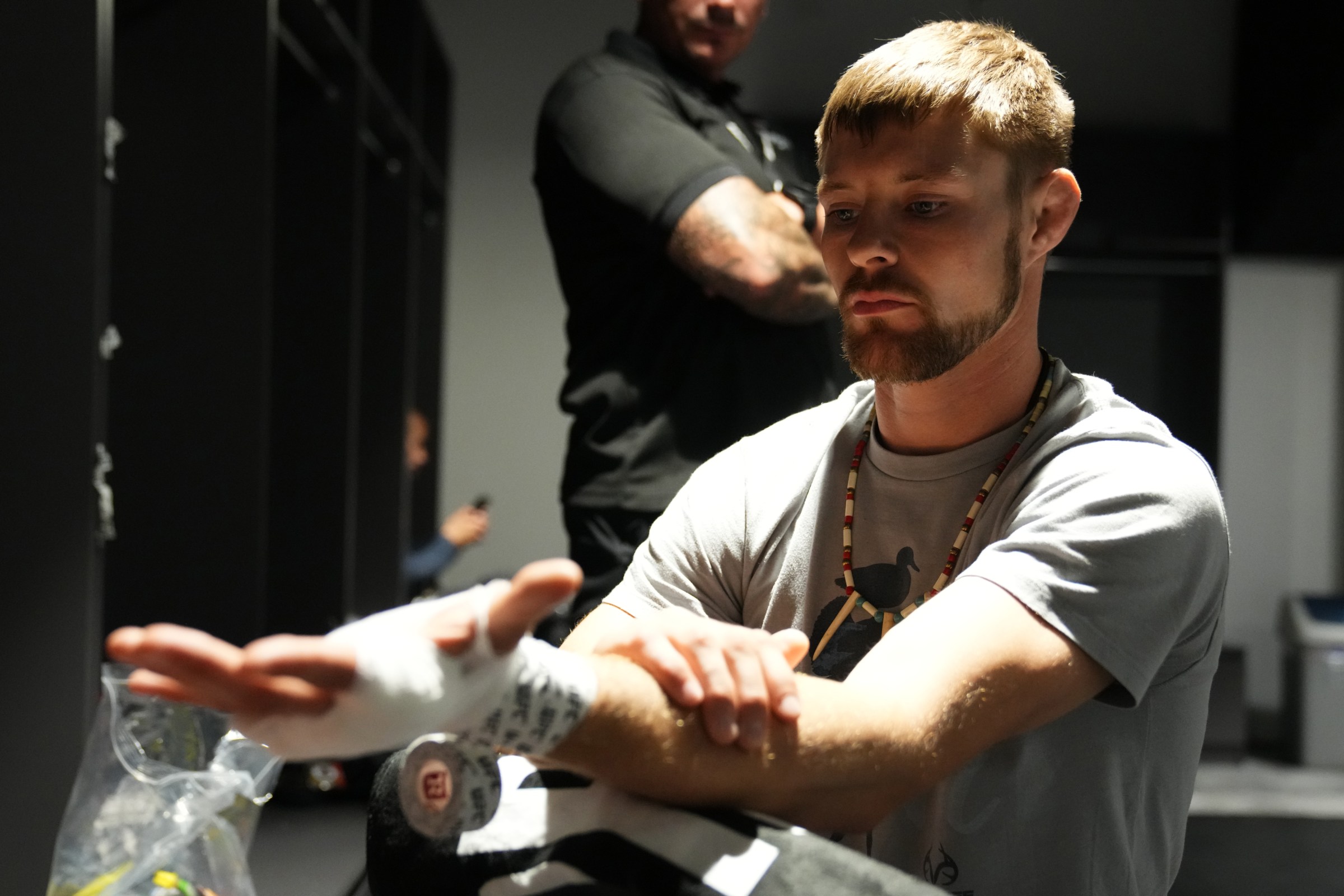 ABU DHABI, UNITED ARAB EMIRATES - JULY 26: Bryce Mitchell has his hands wrapped prior to his fight during the UFC Fight Night event at Etihad Arena on July 26, 2025 in Abu Dhabi, United Arab Emirates. (Photo by Mike Roach/Zuffa LLC)