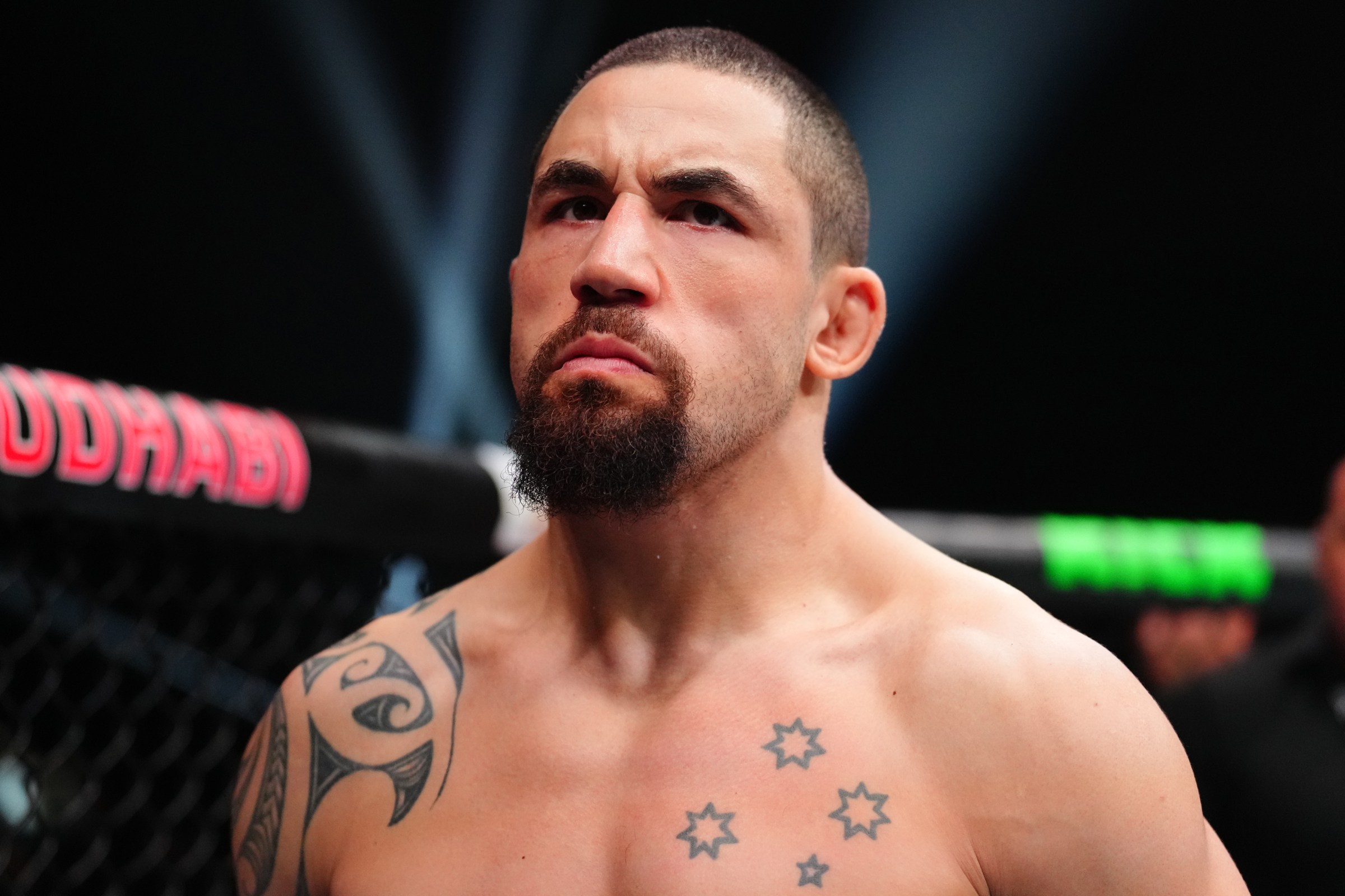 ABU DHABI, UNITED ARAB EMIRATES - JULY 26: Robert Whittaker of New Zealand prepares to face Reinier de Ridder of The Netherlands in a middleweight fight during the UFC Fight Night event at Etihad Arena on July 26, 2025 in Abu Dhabi, United Arab Emirates. (Photo by Chris Unger/Zuffa LLC)