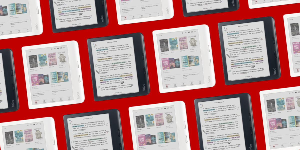 Kobo E-Readers placed against a red background