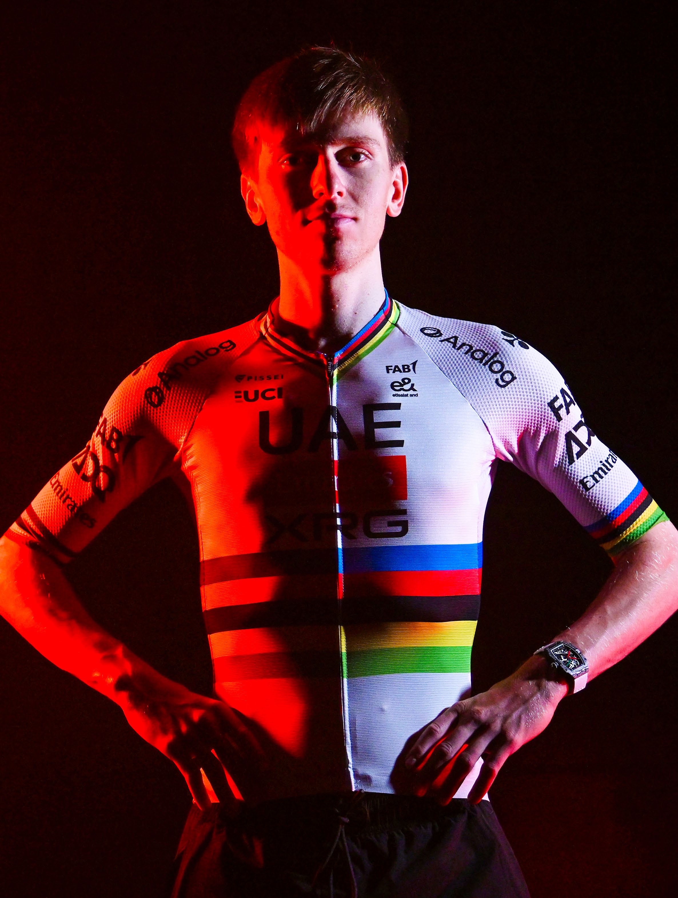 Tadej Pogačar in his world champion's jersey