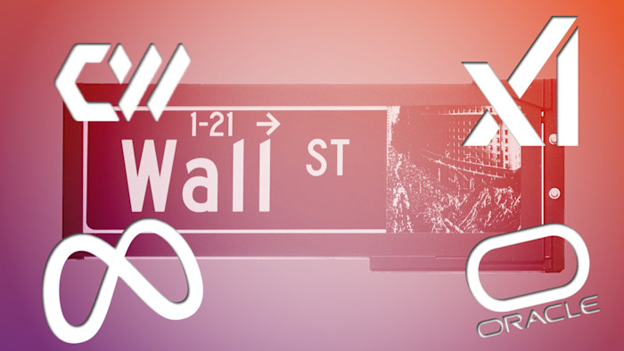 A montage of a Wall Street sign with the logos of AI companies in the foreground