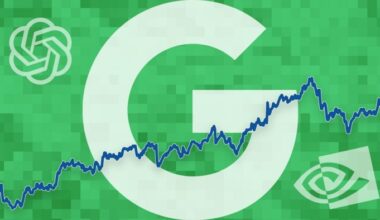 Logos of Google, OpenAI, and Nvidia on a green background with a rising line chart overlaid.