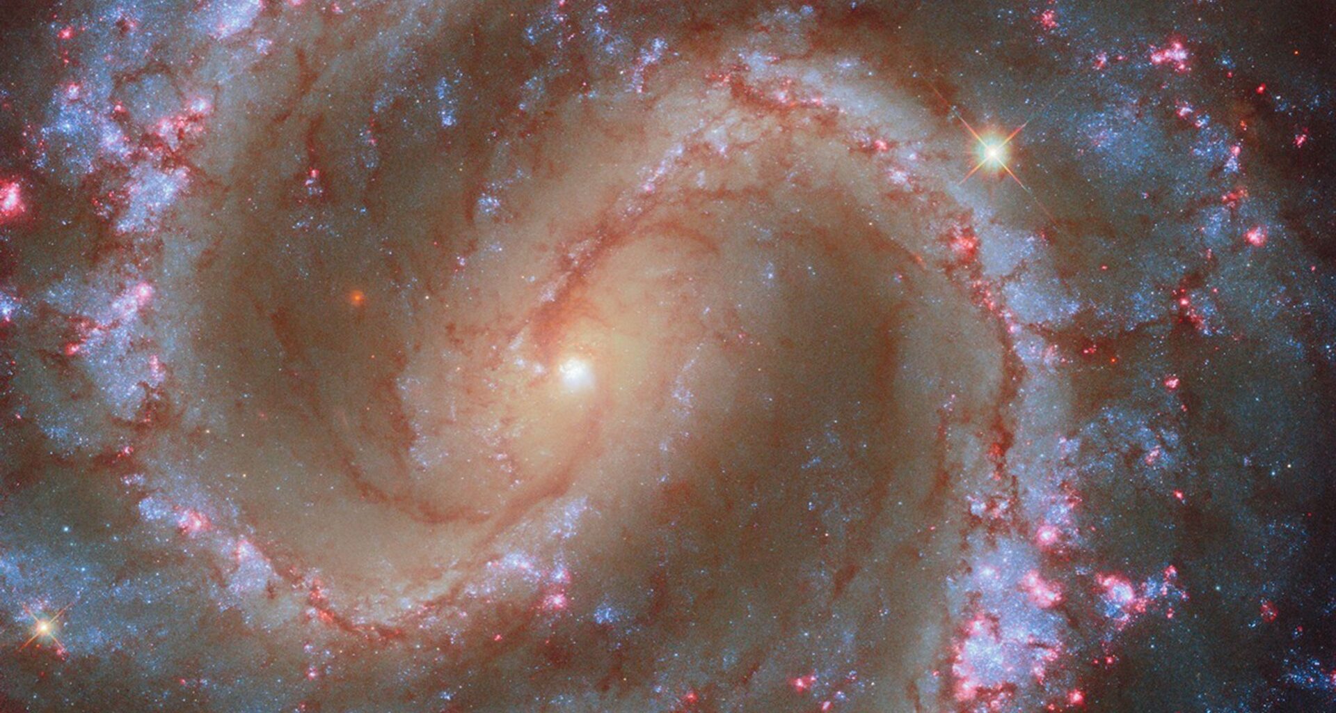 A close-in view of a spiral galaxy that faces the viewer. Brightly lit spiral arms swing outward through the galaxy’s disk, starting from an elliptical region in its center. Thick strands of dark reddish dust spread across the disk, primarily along the spiral arms. The arms also contain many glowing, pink-red spots where stars form and clumps of bright-blue star clusters. Beyond its spiral arms, the galaxy is a bit fainter and speckled with blue stars.