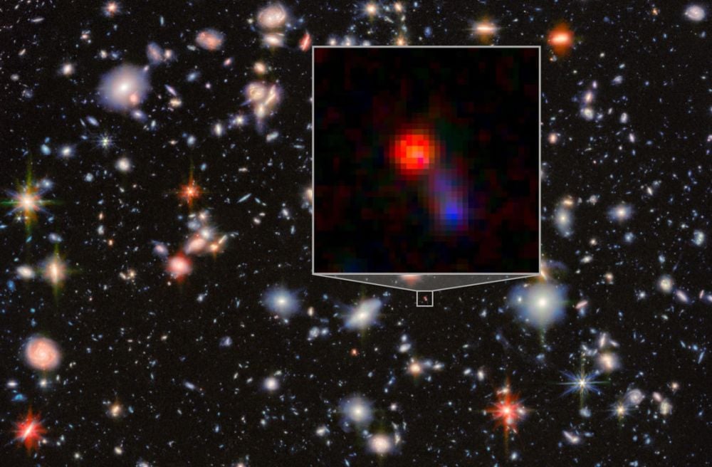 The JWST examined a puzzling a galaxy from when the Universe was only about 800 million years old. When observed in visible and UV light, it appears much like any other galaxy. But in infrared, the JWST can see its supermassive black hole, which is accreting massive amounts of matter and emitting extreme radiation. Image Credit: ESA/Webb, NASA &amp; CSA, G. Östlin, P. G. Perez-Gonzalez, J. Melinder, the JADES Collaboration, M. Zamani (ESA/Webb)