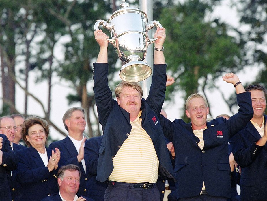 Peter McEvoy of Great Britain and Ireland lifts the trophy after winning the 38th Walker Cup match played at the Ocean Forest Golf Club on Sea Island in Georgia, USA