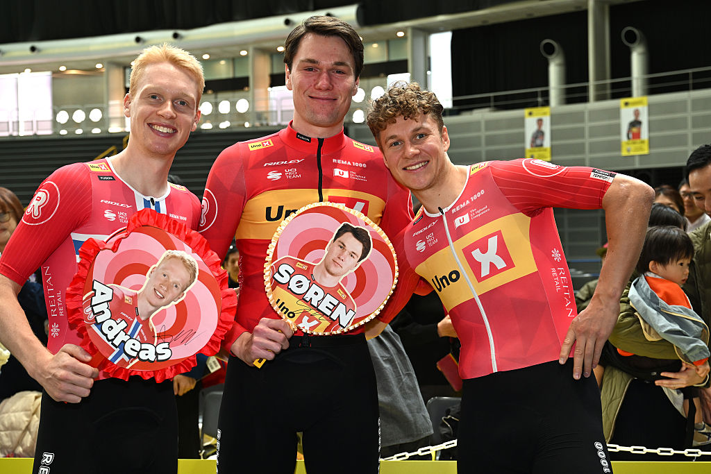 SAITAMA, JAPAN - NOVEMBER 08: Jonas Abrahamsen of Norway, Andreas Leknessund of Norway, Soren Waerenskjold of Norway and Team Uno-X Mobility meet the fans prior to the 11th Tour de France Saitama Criterium 2025 on November 08, 2025 in Saitama, Japan. (Photo by Szymon Gruchalski/Getty Images)