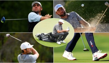 Scottie Scheffler sits on his golf bag, with various images around it