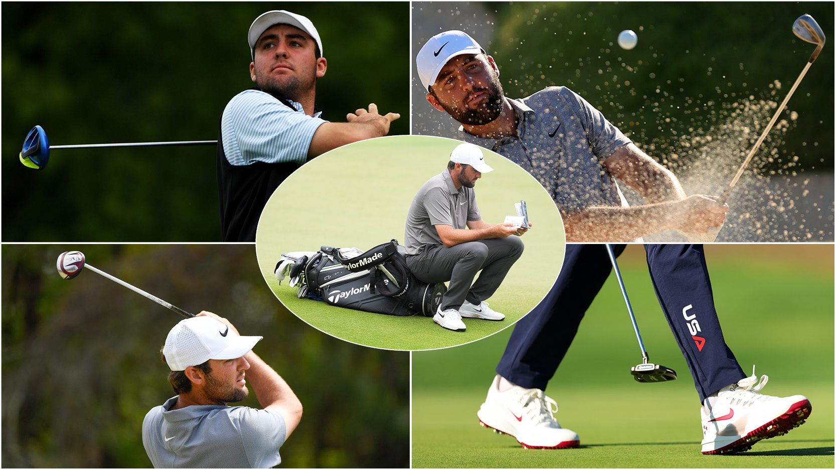 Scottie Scheffler sits on his golf bag, with various images around it