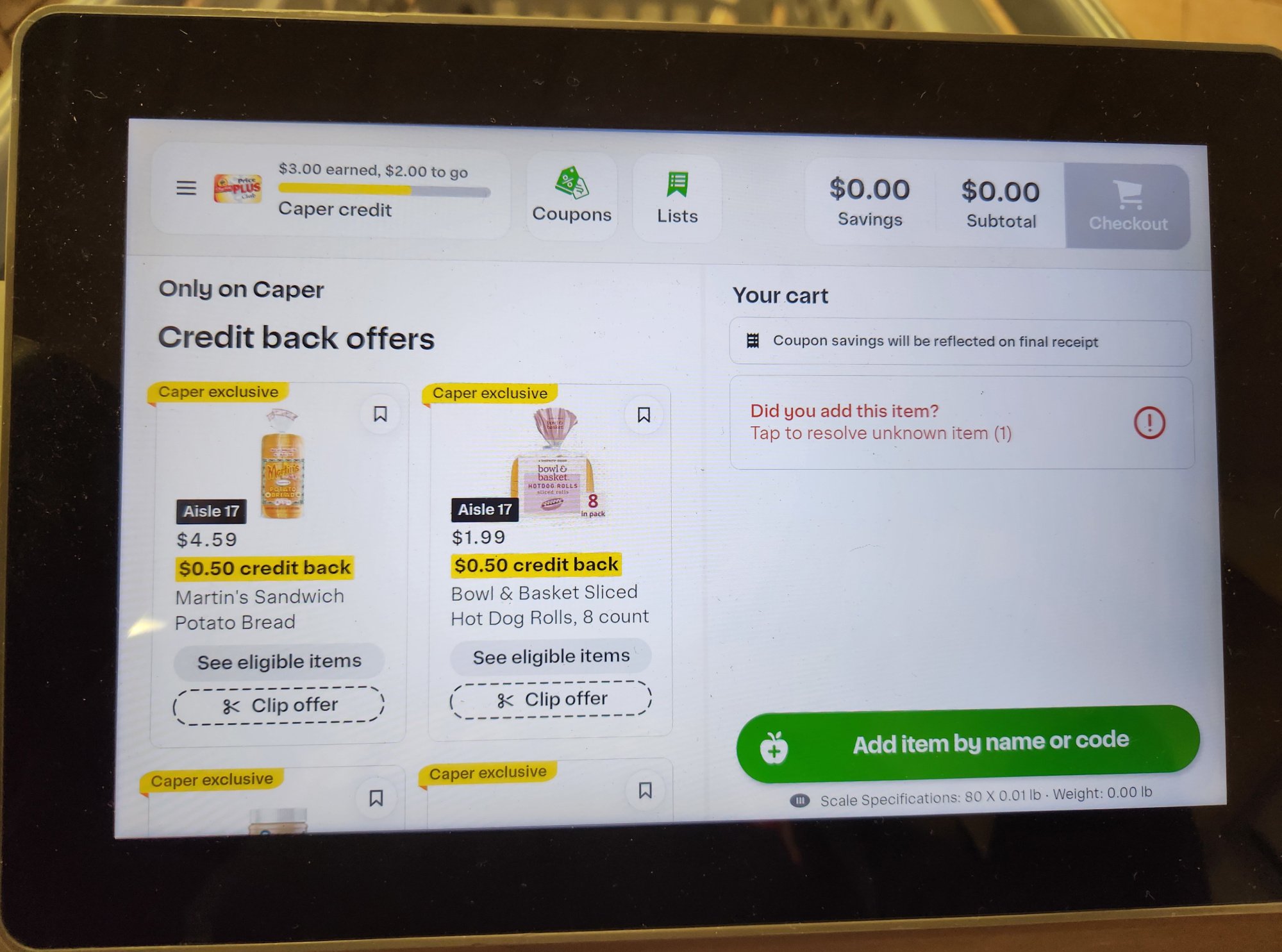 The  Caper Cart screen while shopping