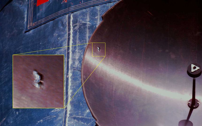 Space junk hit the Hubble Space Telescope, completely penetrating its antenna dish.