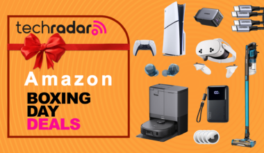 A collection of tech and electronic items on an orange TechRadar Boxing Day deals background
