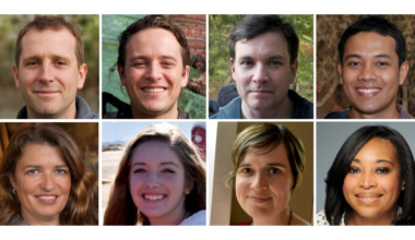 Eight images of a single face. Top row are fake faces, bottom row are real faces.