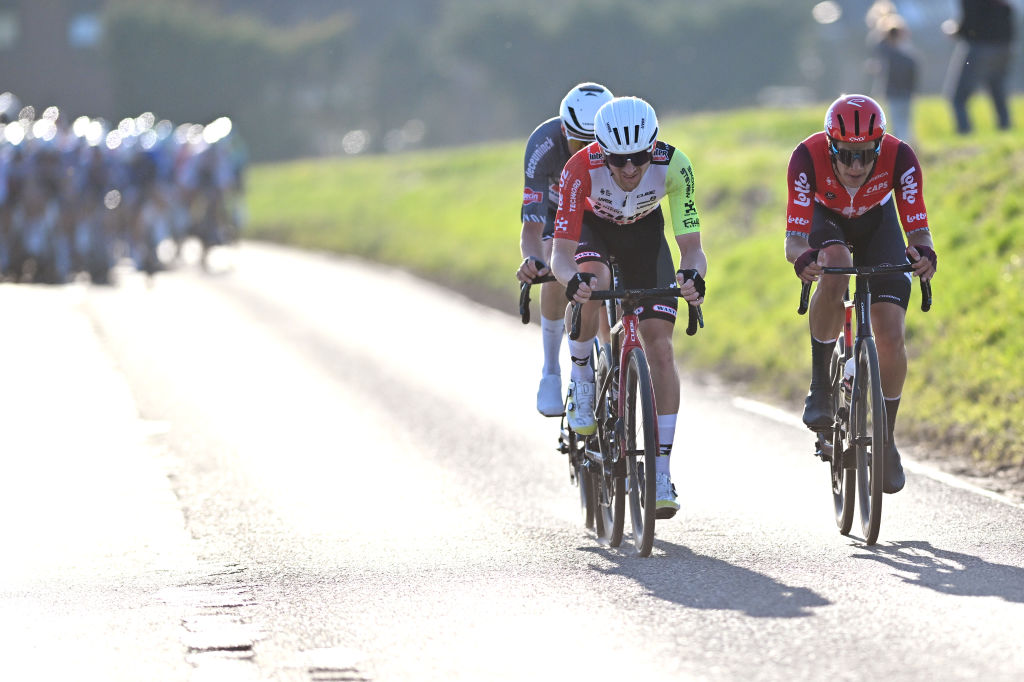 DOUR, BELGIUM - MARCH 04: (L-R) Luca Van Boven of Belgium and Team Intermarch&eacute; - Wanty and Alec Segaert of Belgium and Team Lotto attack during the the 57th Ename Samyn Classic 2025 a 199.1km one day race from Quaregnon to Dour on March 04, 2025 in Dour, Belgium. (Photo by Luc Claessen/Getty Images)