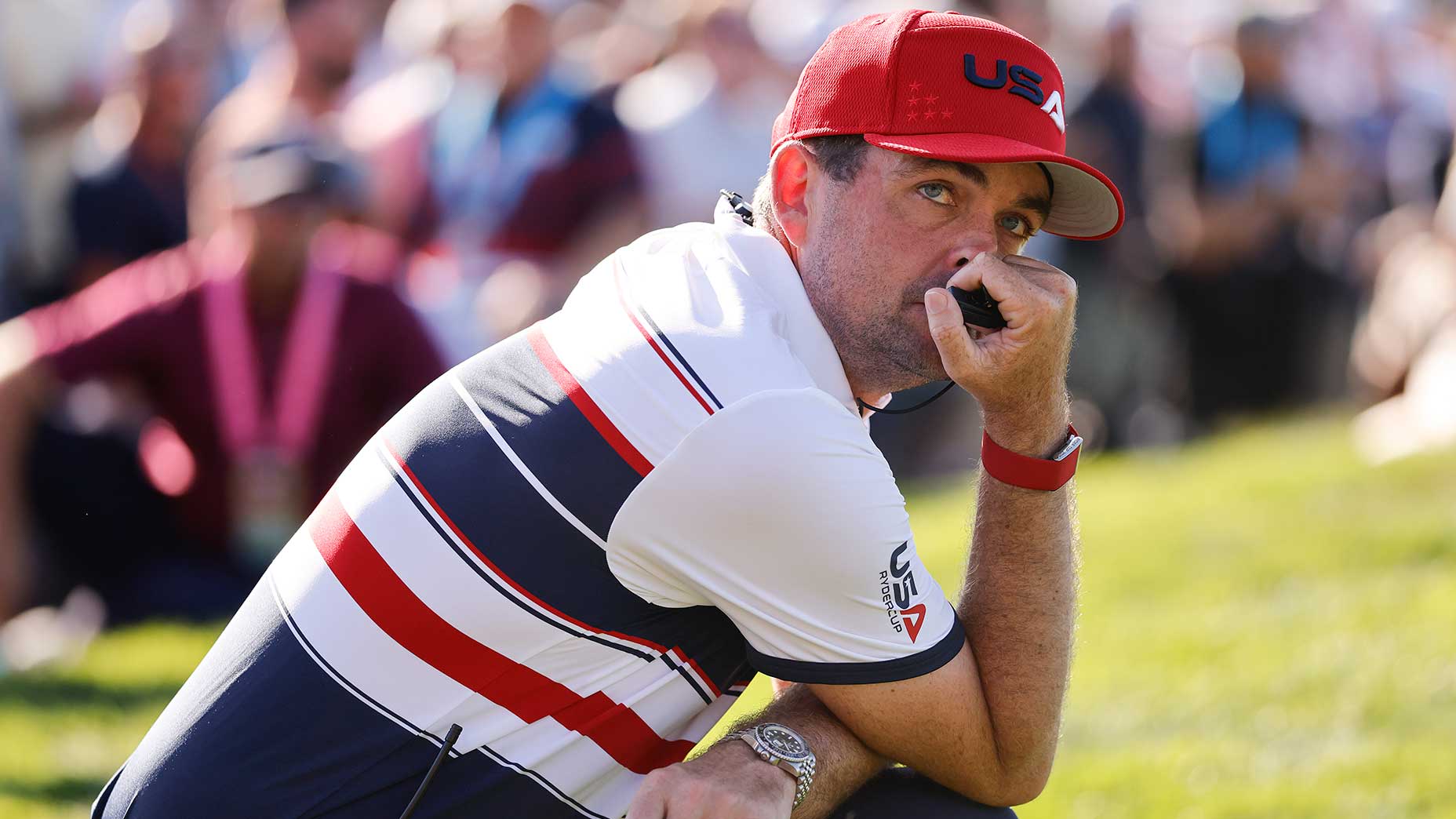 Keegan Bradley looks on during Sunday singles at the Ryder Cup.