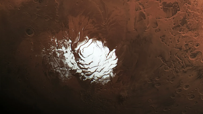 View of Mars' south polar ice cap Feb. 25, 2015, captured by the European Space Agency's Mars Express orbiter.