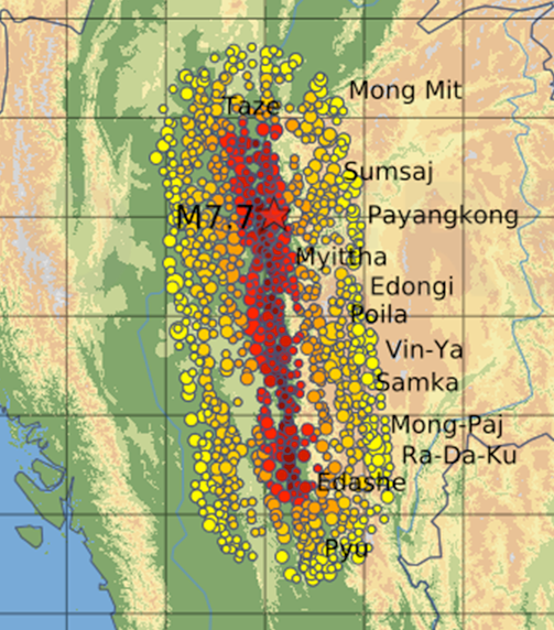 Map showing estimated damage from the 2025 Myanmar earthquake