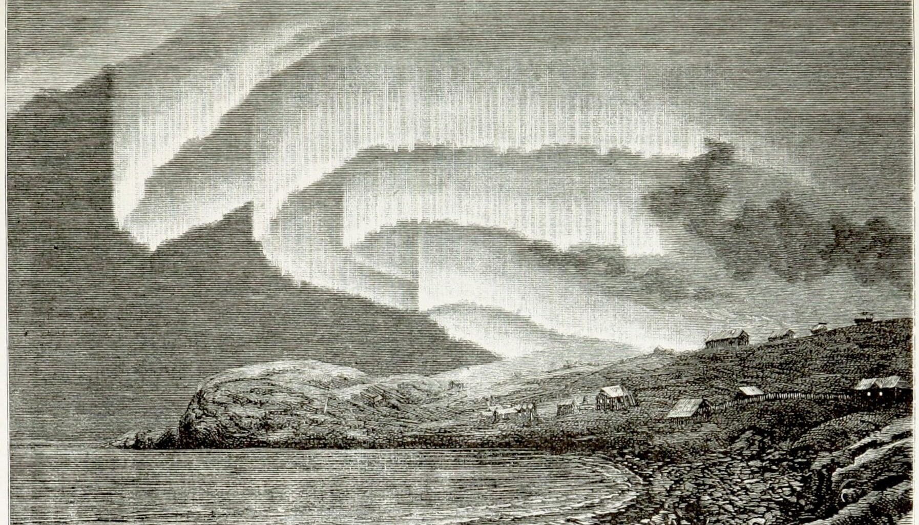 An etching showing a small village on the coast with the northern lights above, titled "Northern Lights in Bossekop on 21 January 1839"