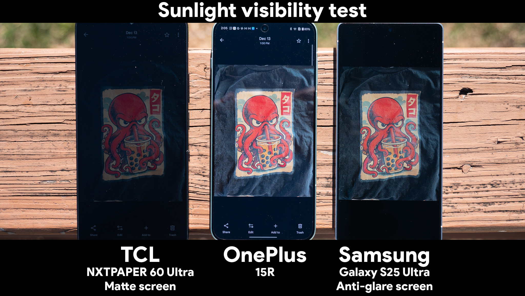 Testing the outdoor sunlight visibility of the OnePlus 15R compared to other smartphones from 2025