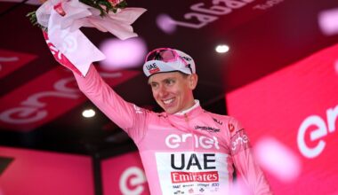 SANTUARIO DI OROPA, ITALY - MAY 05: Tadej Pogacar of Slovenia and UAE Team Emirates celebrates at podium as Pink Leader Jersey winner during the 107th Giro d&amp;apos;Italia 2024, Stage 2 a 161km stage from San Francesco al Campo to Santuario di Oropa 1136m / #UCIWT / on May 05, 2024 in Santuario di Oropa, Italy. (Photo by Dario Belingheri/Getty Images)