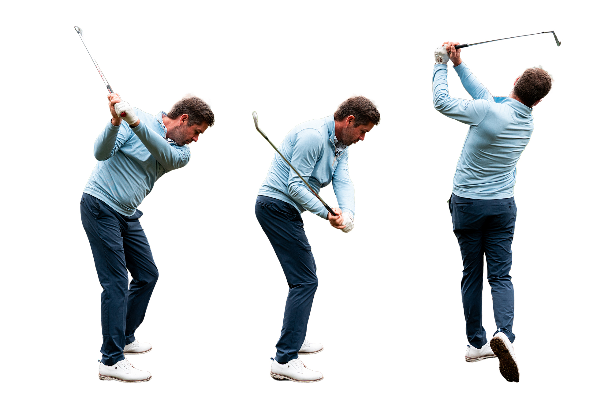 Robert Rock at three stages in his golf swing, top of backswing, halfway down in backswing and in the finish position