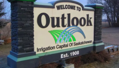 The Town of Outlook sign, declaring it the Irrigation capital of Saskatchewan.