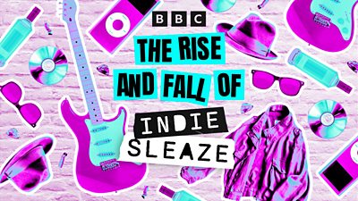 Artwork for The Rise and Fall of Indie Sleaze featuring neon-pink items against a white brick wall. Objects include an electric guitar, an iPod nano, a CD, sunglasses, and bottles.