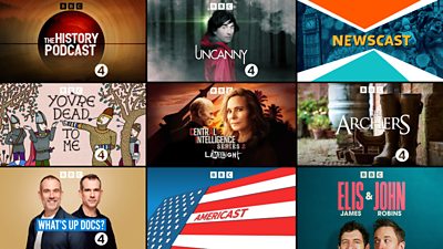 Composite image featuring artwork for 9 of the top titles of 2025. Artwork includes, The History Podcast, Uncanny, Newscast, You're Dead to Me, Central Intelligence, The Archers, What's Up Docs, Americast, Elis James and John Robins.