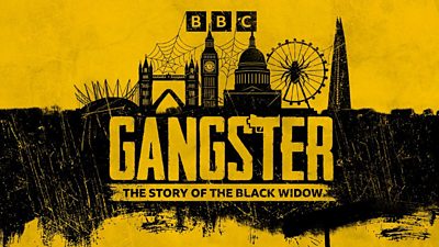 Artwork for Gangster: The Story of the Black Widow featuring a cartoon skyline of London against a yellow and black background.