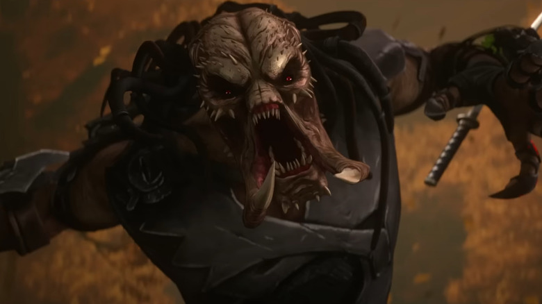 A Yautja screaming a battle cry with claws extended in Predator: Killer of Killers