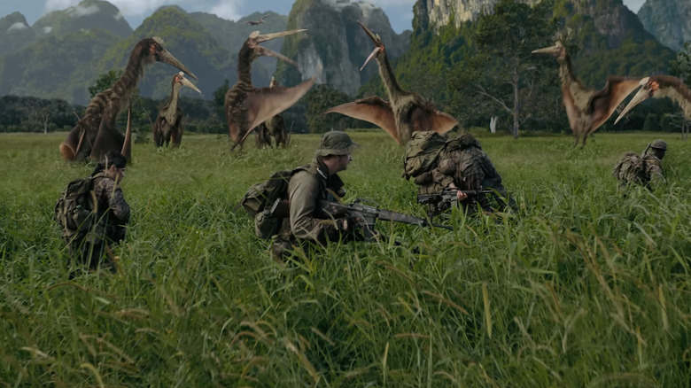 The Quetzalcoatlus attacking all of the soldiers in a field in Primitive War