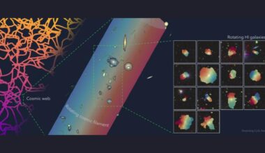 A series of rainbow colored strings on the left, labeled Cosmic web, next to a diagonally placed cylinder with bits of colored shapes inside with a boxout on the right with various boxes of rainbow shapes