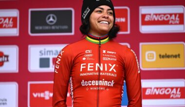 ANTWERPEN, BELGIUM - DECEMBER 20: Ceylin del Carmen Alvarado of Netherlands and Team Fenix-Deceuninck on second place poses on the podium ceremony after the 19th UCI Cyclo-Cross World Cup Antwerpen 2025 - Women's Elite on December 20, 2025 in Antwerpen, Belgium. (Photo by Luc Claessen/Getty Images)