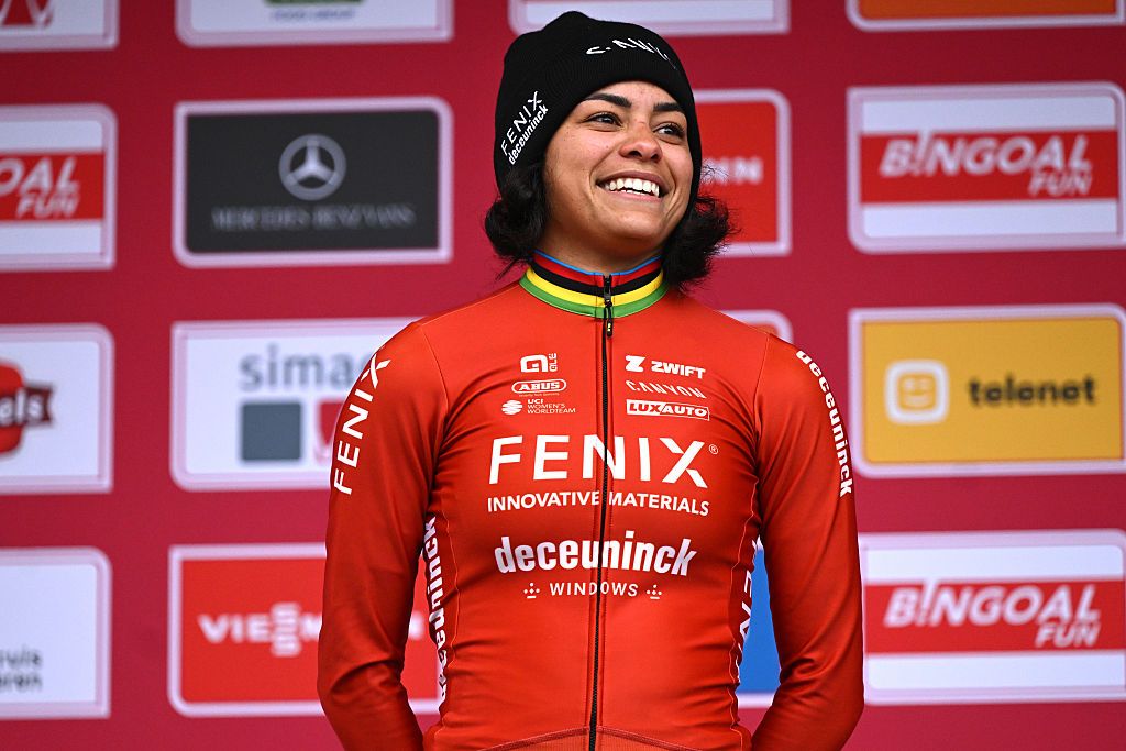 ANTWERPEN, BELGIUM - DECEMBER 20: Ceylin del Carmen Alvarado of Netherlands and Team Fenix-Deceuninck on second place poses on the podium ceremony after the 19th UCI Cyclo-Cross World Cup Antwerpen 2025 - Women's Elite on December 20, 2025 in Antwerpen, Belgium. (Photo by Luc Claessen/Getty Images)