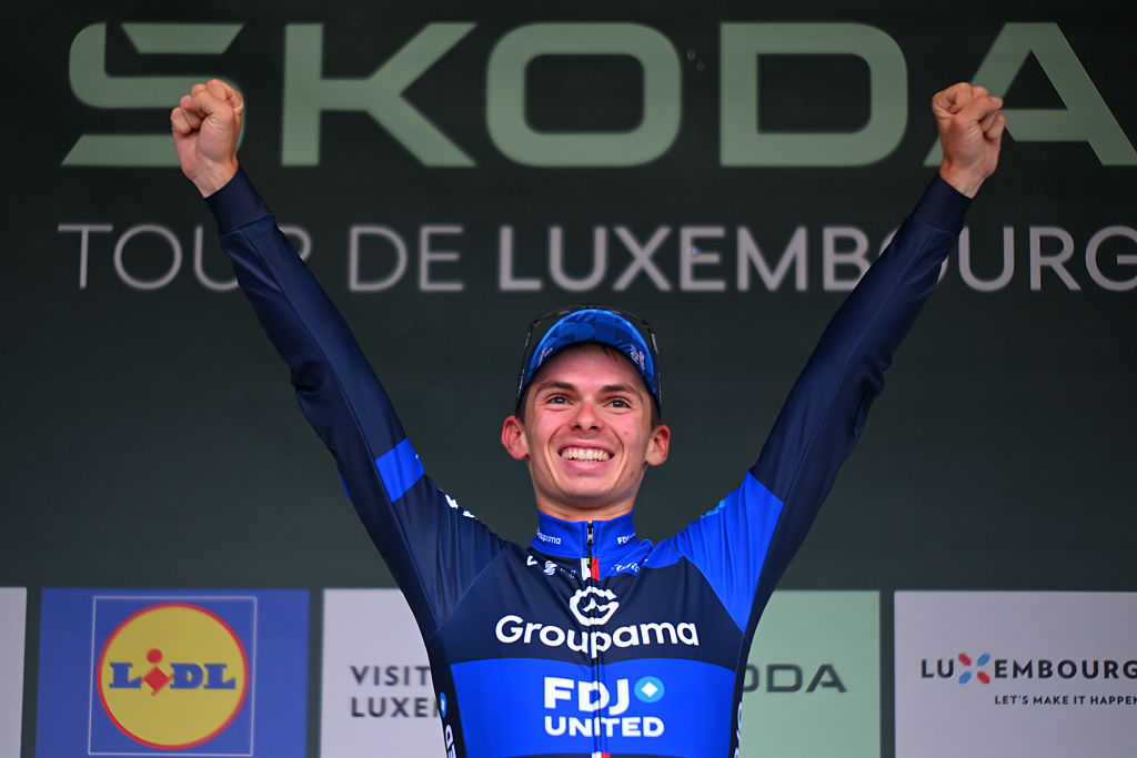 LUXEMBOURG, LUXEMBOURG - SEPTEMBER 21: Romain Gregoire of France and Team Groupama - FDJ celebrates at podium as stage winner during the 85th Tour de Luxembourg, Stage 5 a 176.4km stage from Mersch to Luxembourg on September 21, 2025 in Luxembourg, Luxembourg. (Photo by Tim de Waele/Getty Images)