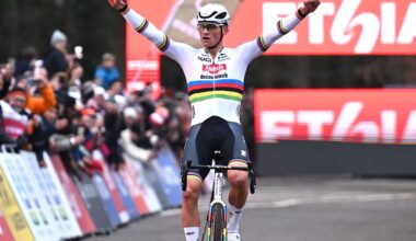 ANTWERPEN, BELGIUM - DECEMBER 20: Mathieu Van Der Poel of Netherlands and Team Alpecin-Deceuninck celebrates at finish line as race winner during the 19th UCI Cyclo-Cross World Cup Antwerpen 2025 - Men&amp;apos;s Elite on December 20, 2025 in Antwerpen, Belgium. (Photo by Luc Claessen/Getty Images)