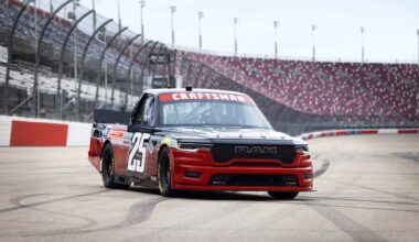 Ram 1500 NASCAR Truck Series concept front ¾ on track