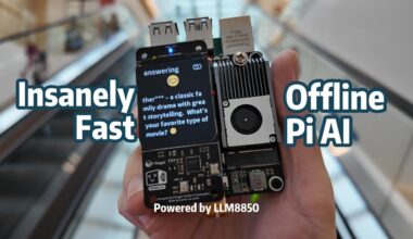 Raspberry Pi 5 with an RLM AA50 on a WaveShare M.2 hat, wired for a private offline voice assistant build.