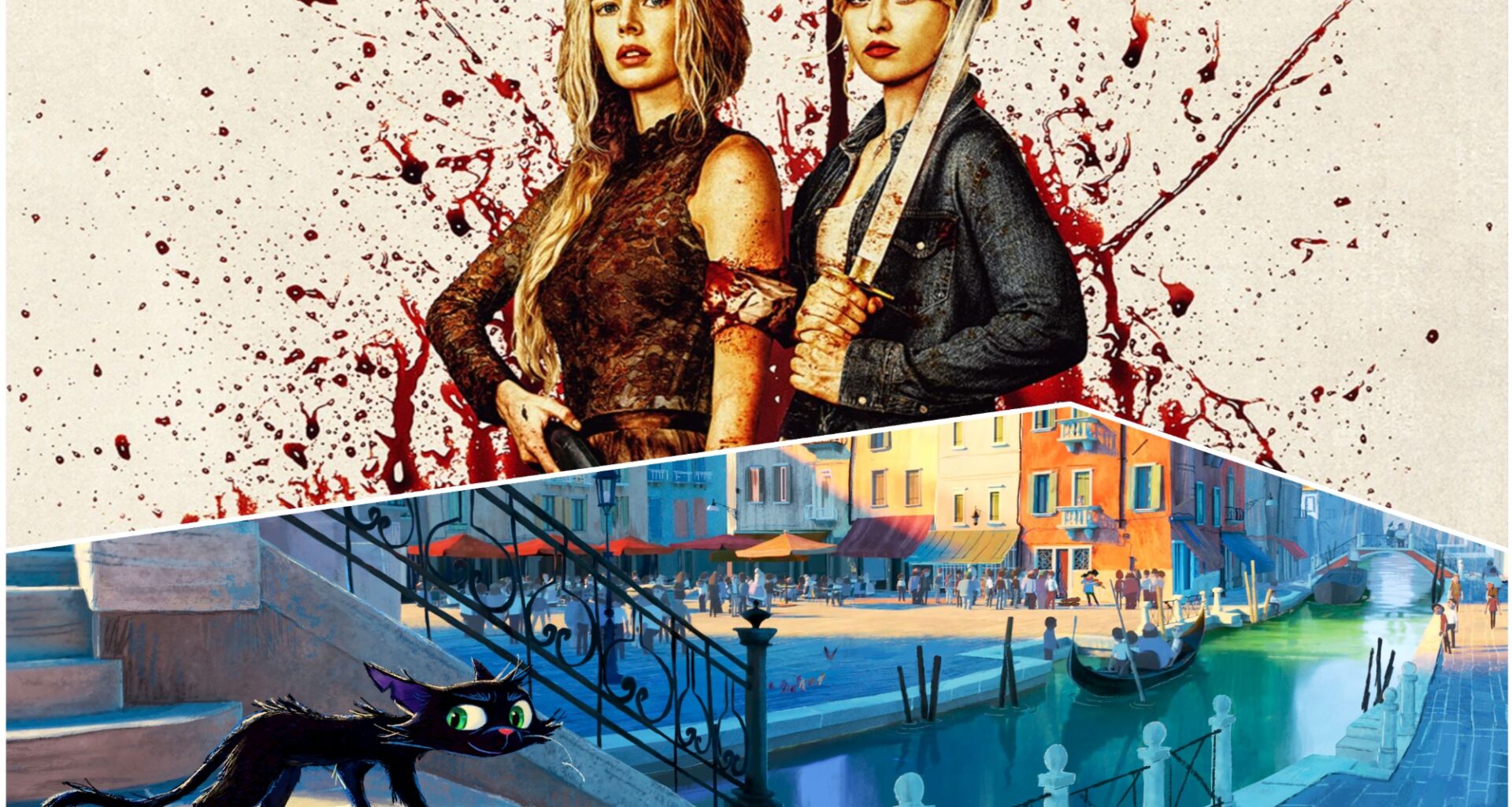 A split image featuring two women with weapons and blood splatter above, representing a horror theme, and a colorful animated scene of a canal with a cartoon black cat below, highlighting a lighthearted mood.