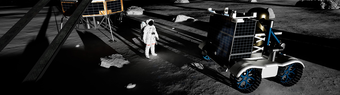An astronaut, a rover and a lander on the lunar surface.