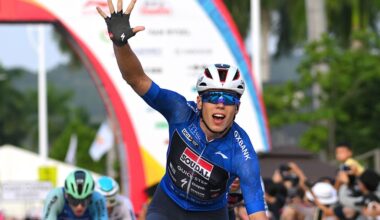 NANNING, CHINA - OCTOBER 19: Paul Magnier of France and Team Soudal Quick-Step - Blue Points Jersey celebrates at finish line as stage winner during the 6th Gree-Tour Of Guangxi 2025, Stage 6 a 134.3km stage from Nanning to Nanning / #UCIWT / on October 19, 2025 in Nanning, China. (Photo by Tim de Waele/Getty Images)