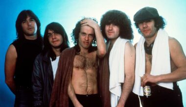 AC/DC pose backstage in 1983