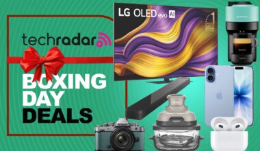 A collection of tech and electronic items on a green TechRadar Boxing Day deals background