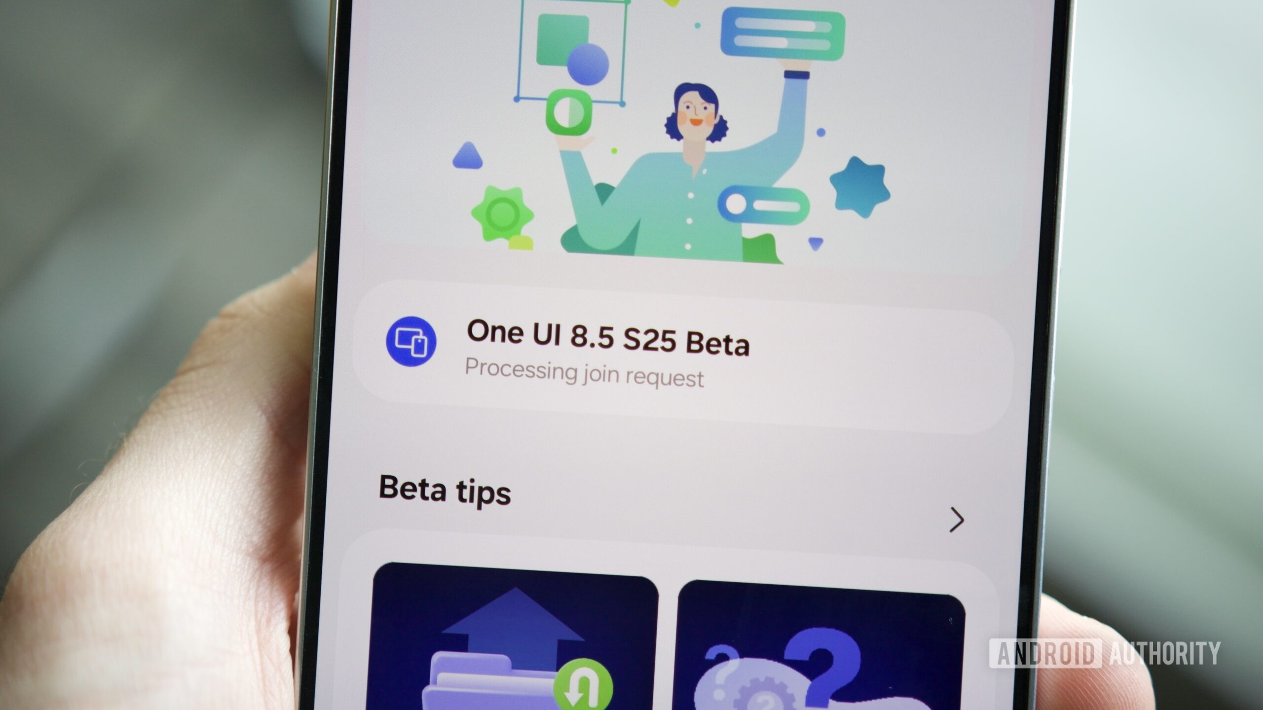 samsung one ui 8 5 beta how to hero 3 A Samsung phone showing the sign-up page for the One UI 8.5 beta.