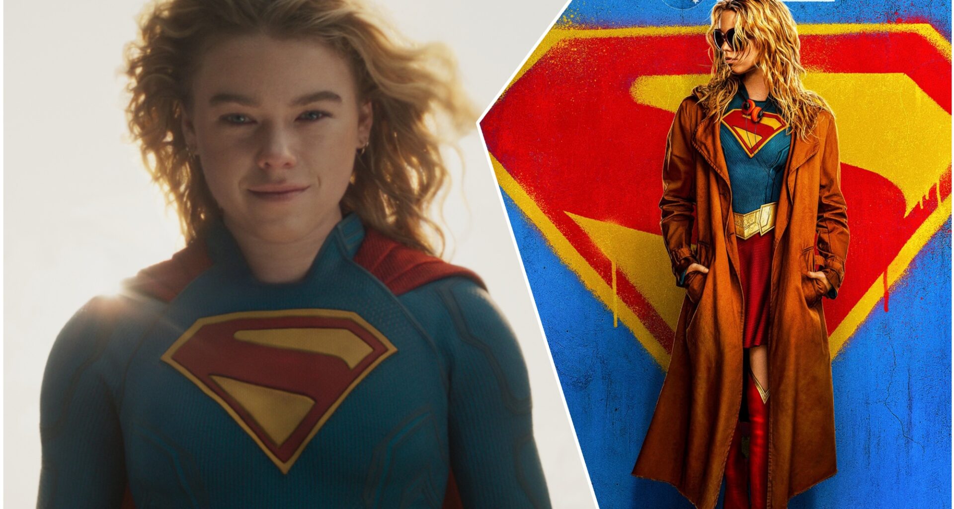 A digital illustration featuring Supergirl, portrayed with curly hair and a confident expression, in her iconic blue and red superhero suit on the left, alongside a stylized version of Supergirl in a brown coat and red boots against a vibrant background with the Superman logo.